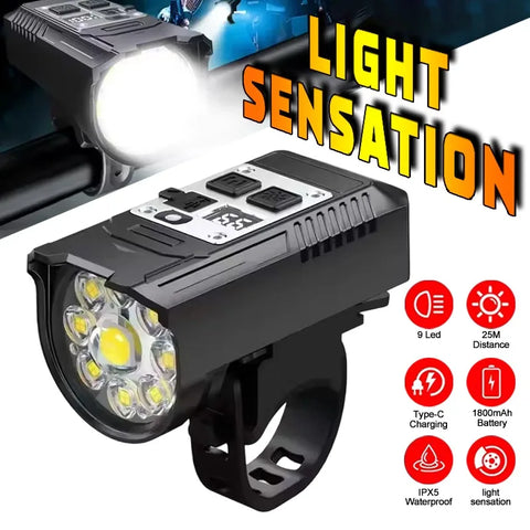 Light Sensation Bike Light 9 LED Bicycle Headlight Type-C Rechargeable Super Bright Bicycle Front Flashlight Mountain Bike Lamp