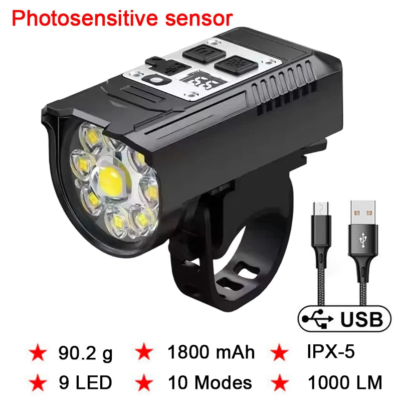 Light Sensation Bike Light 9 LED Bicycle Headlight Type-C Rechargeable Super Bright Bicycle Front Flashlight Mountain Bike Lamp